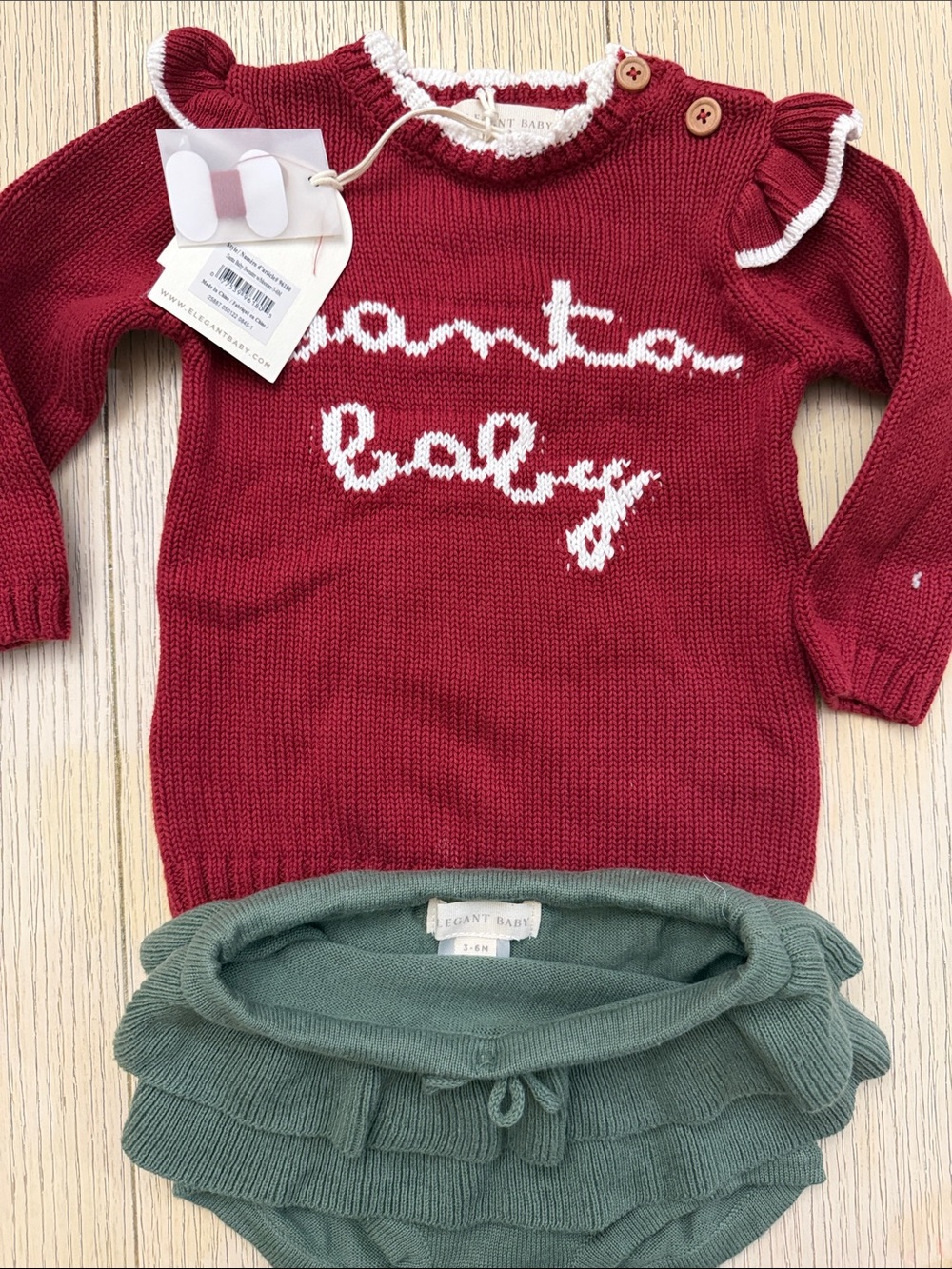 Elegant Baby Red Knit Top with Green Ruffle Skort